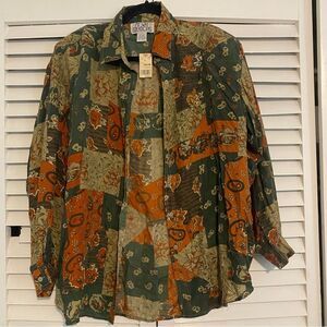 New Deadstock 70s My Way Creations size Large 100% Silk Patchwork Autumn Blouse